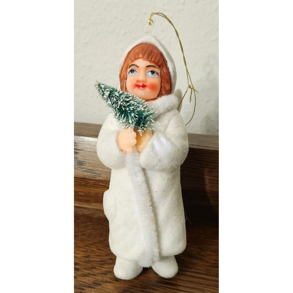 Christmas Tree Ornament Angel Holding‎ Tree Flocked Vintage Holiday Decoration